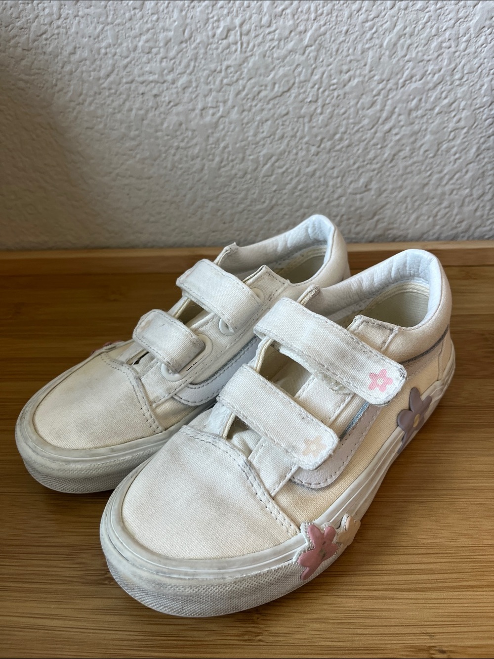 Vans Kids White Canvas Velcro Sneakers with Pink & Purple Floral Accents
